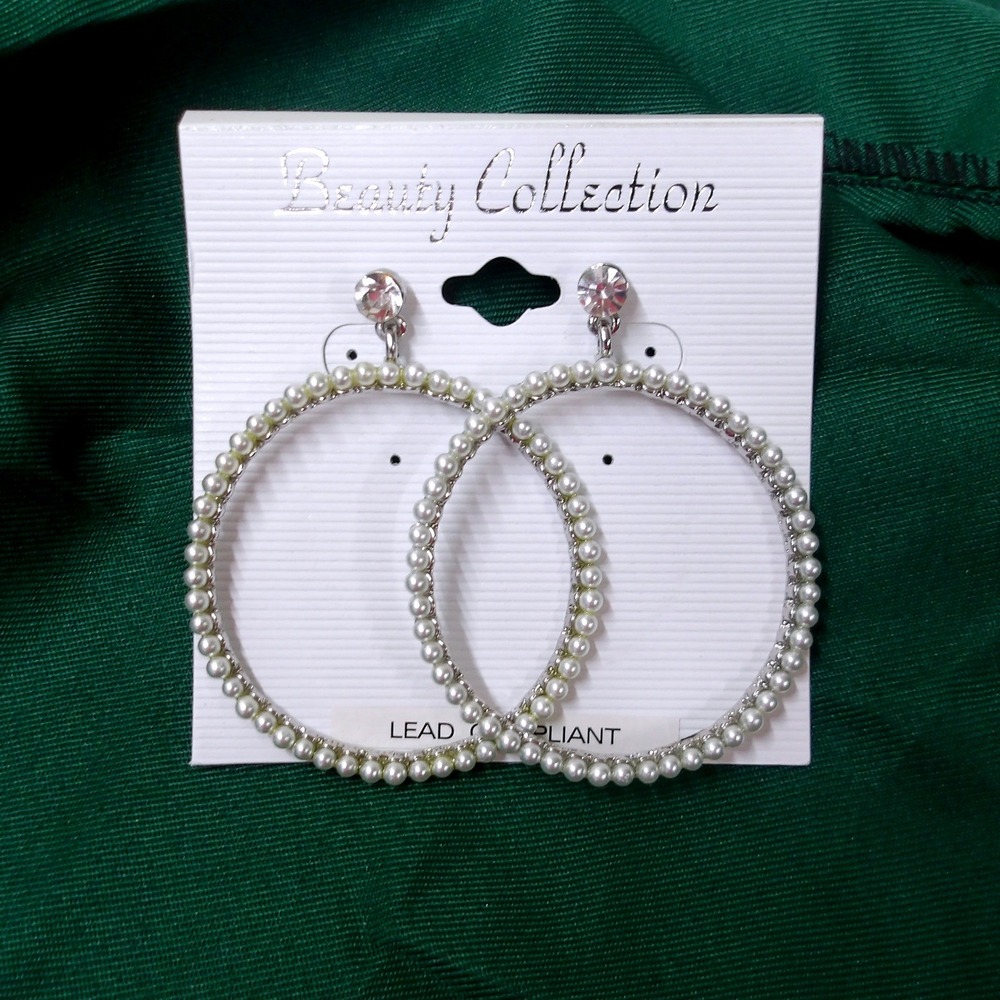 Beauty Collection Faux Pearl Rhinestone 2"‎ Hoop Earrings Silver Tone /#26466